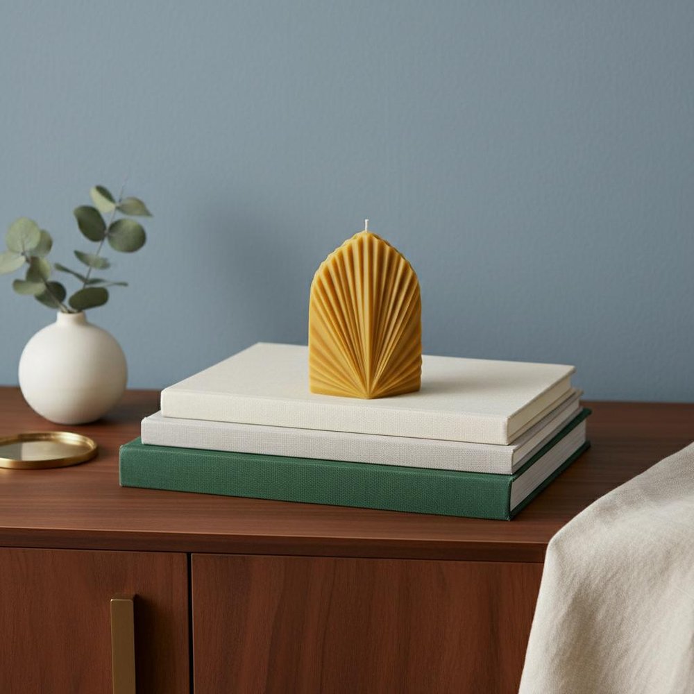 6" Gold Mahogany And Teakwood Scented Dimensional Palm Leaf Candle
