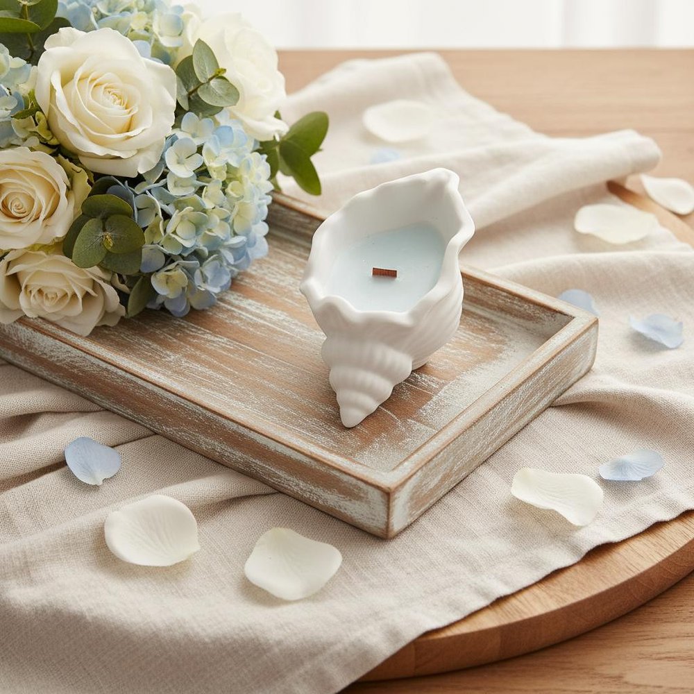 6" Light Blue Sea Salt And Orchid Scented Soy Wax Candle In White Resin Novelty Holder — view 14