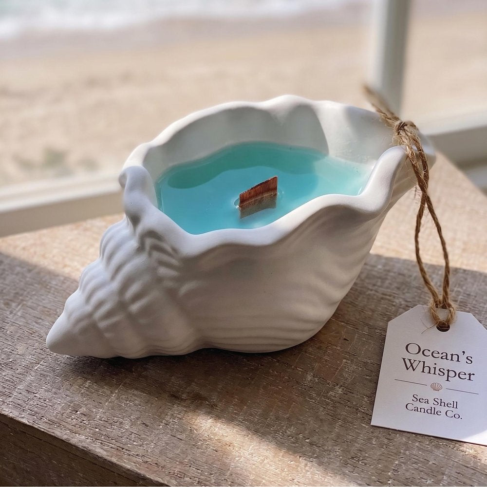 6" Light Blue Sea Salt And Orchid Scented Soy Wax Candle In White Resin Novelty Holder — view 7