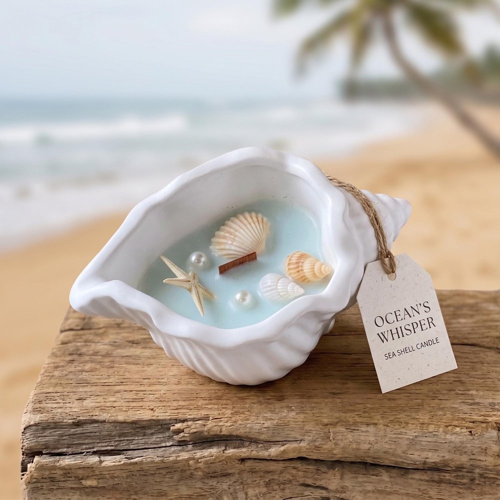 6" Light Blue Sea Salt And Orchid Scented Soy Wax Candle In White Resin Novelty Holder — view 9