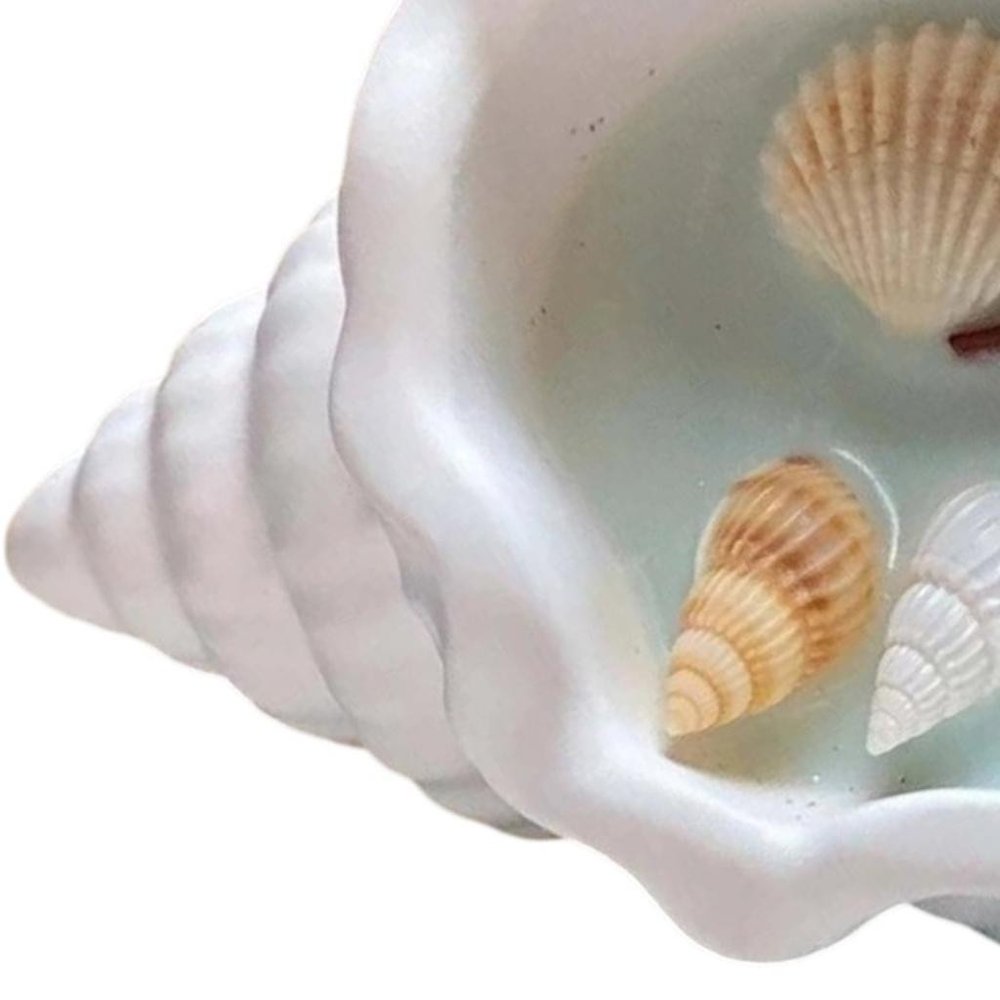 6" Light Blue Unscented Soy Wax Candle In White Resin Novelty Holder With Seashells — view 2