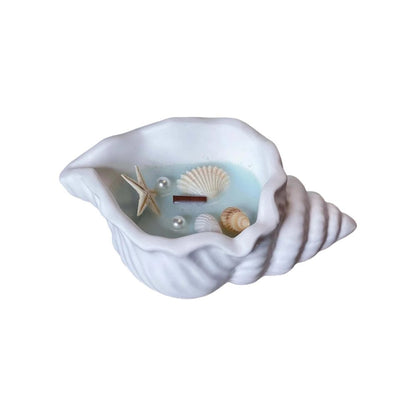 6" Light Blue Unscented Soy Wax Candle In White Resin Novelty Holder With Seashells