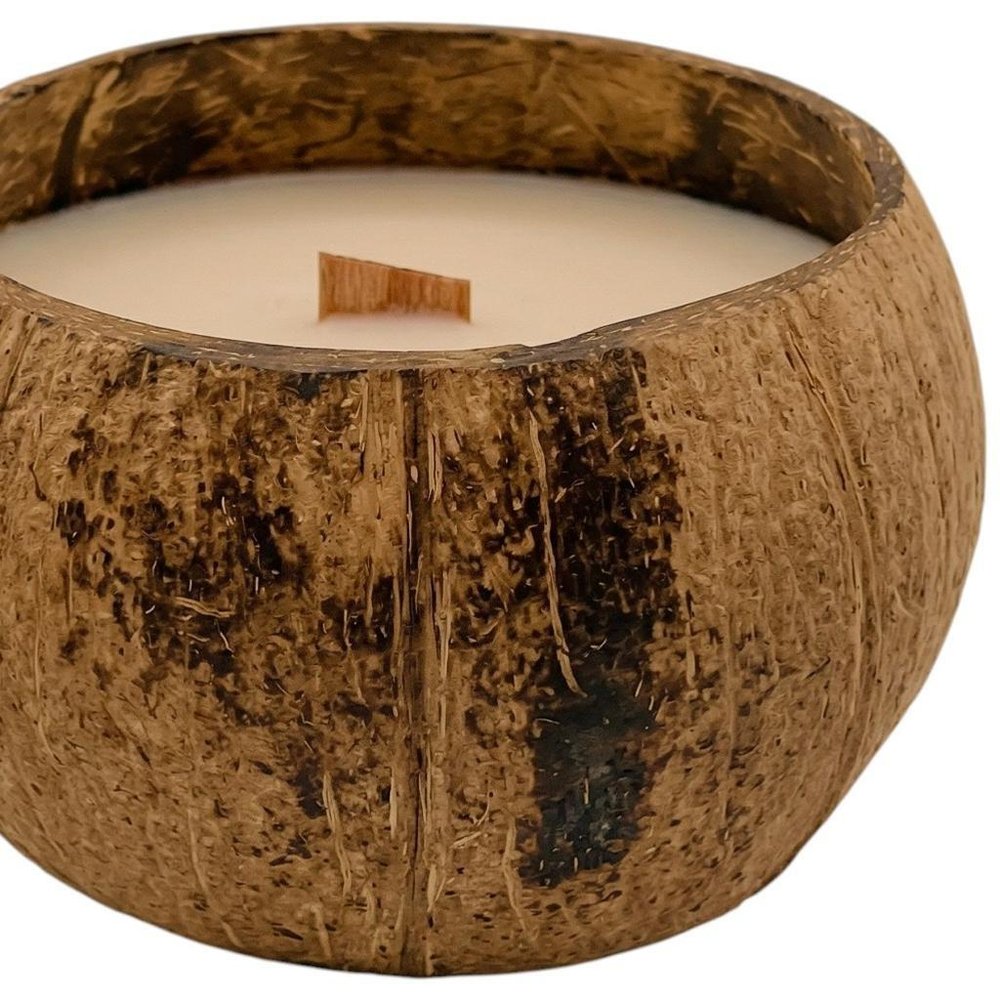4" Ivory Unscented Candle In Brown Coconut Shell Holder — view 4