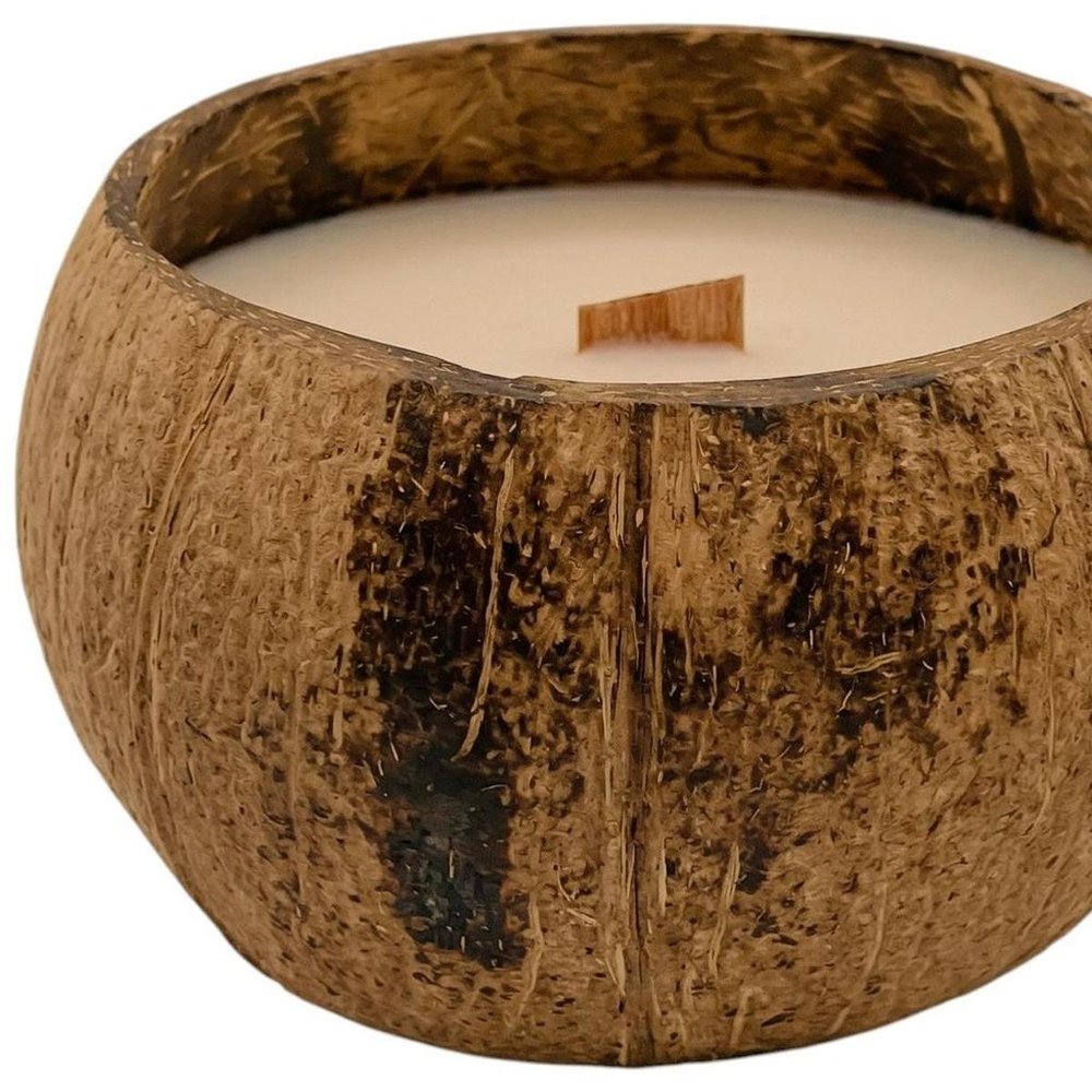 4" Ivory Unscented Candle In Brown Coconut Shell Holder — view 5