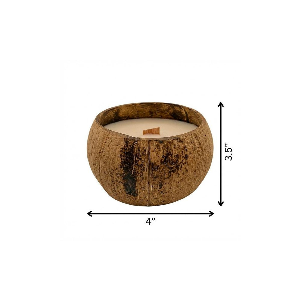 4" Ivory Lavender And Sage Scented Candle In Brown Coconut Shell Holder
