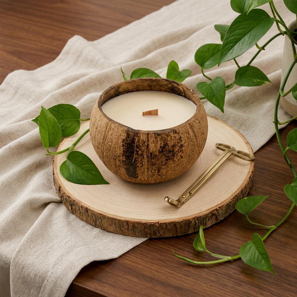 4" Ivory Lavender And Sage Scented Candle In Brown Coconut Shell Holder — view 11