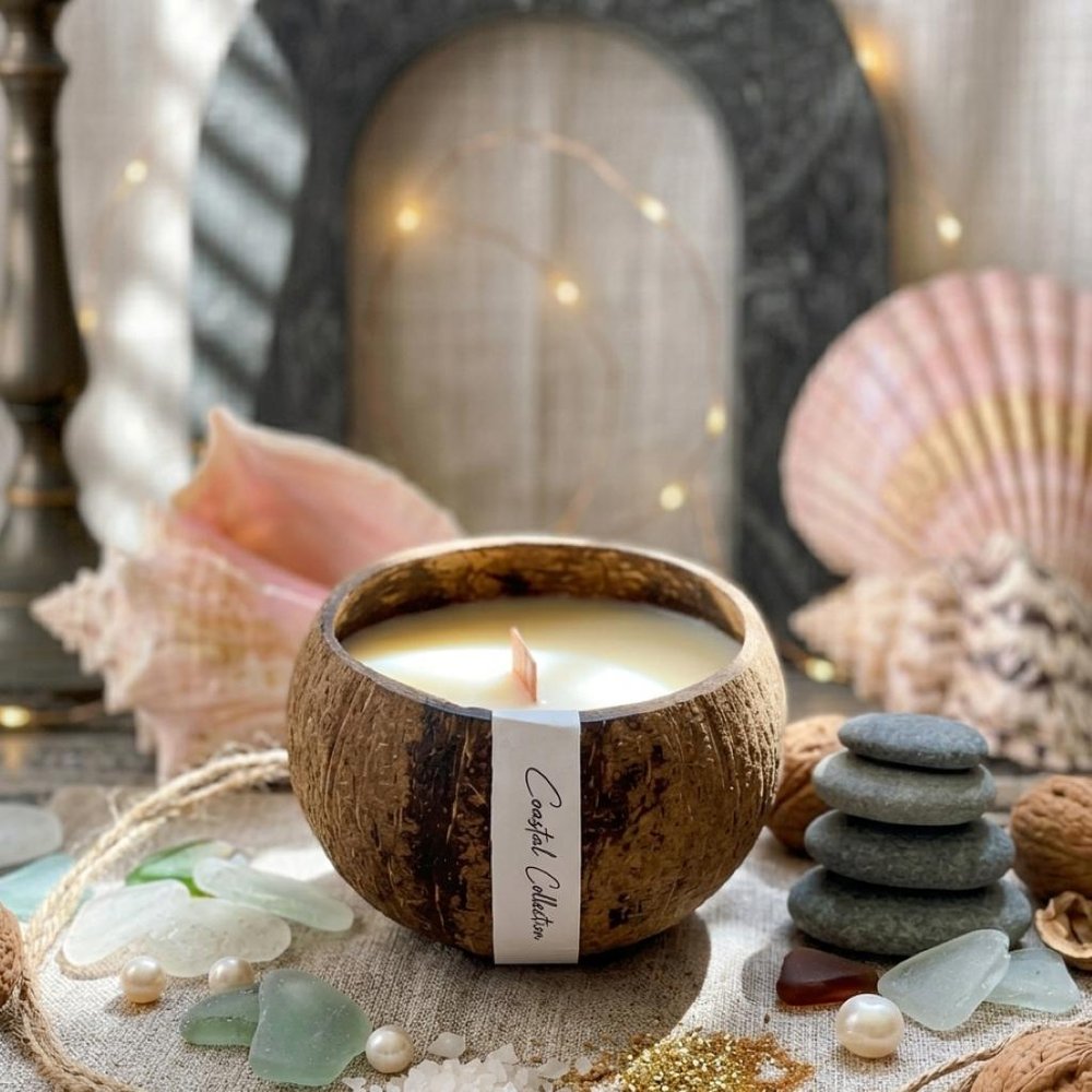 4" Ivory Lavender And Sage Scented Candle In Brown Coconut Shell Holder — view 5