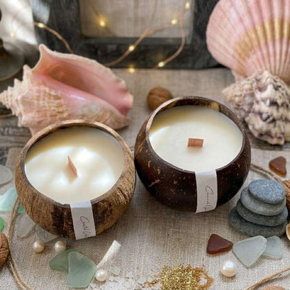 4" Ivory Lavender And Sage Scented Candle In Brown Coconut Shell Holder