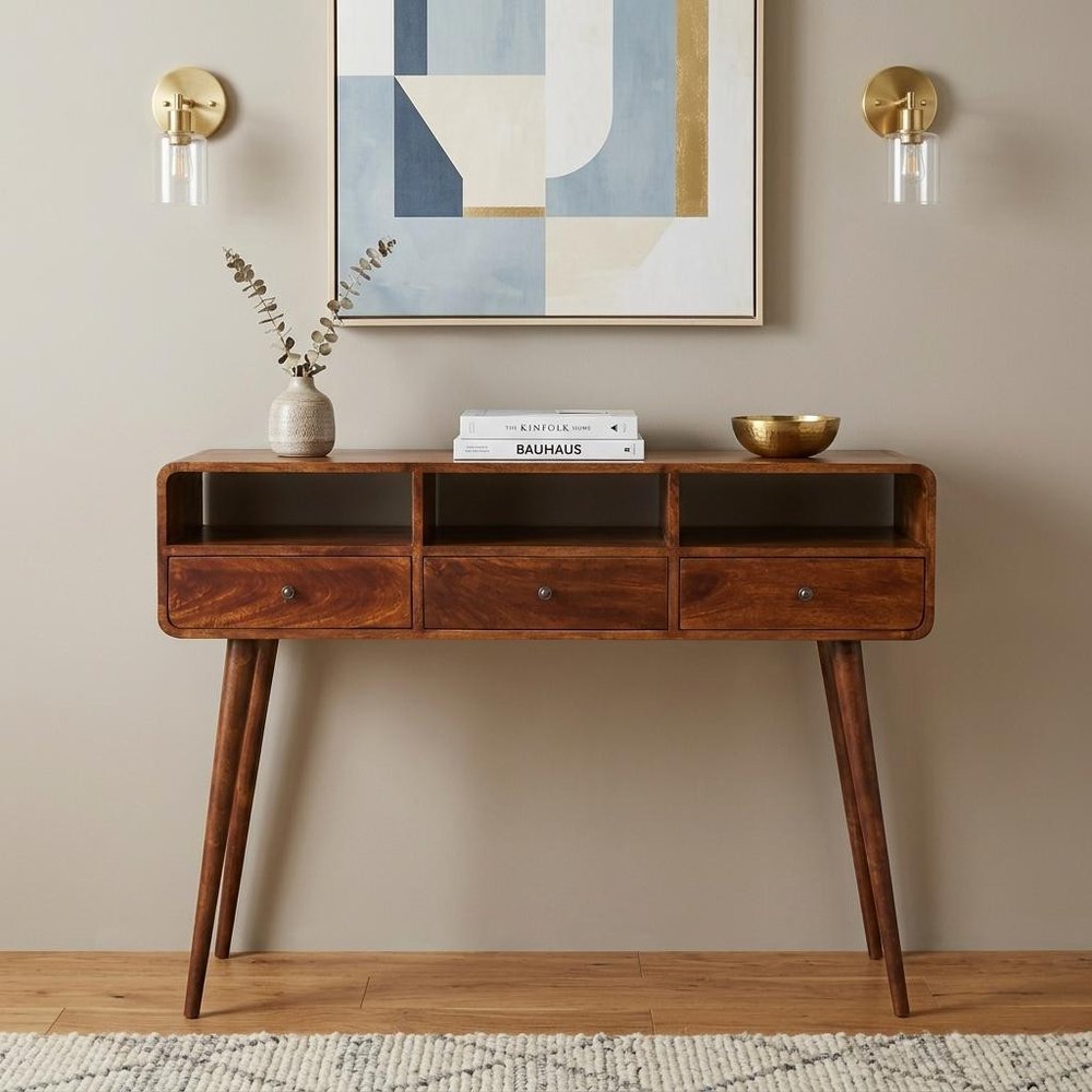 51" Chestnut Solid Wood Console Table With Three Shelves And Three Drawers HomeRoots