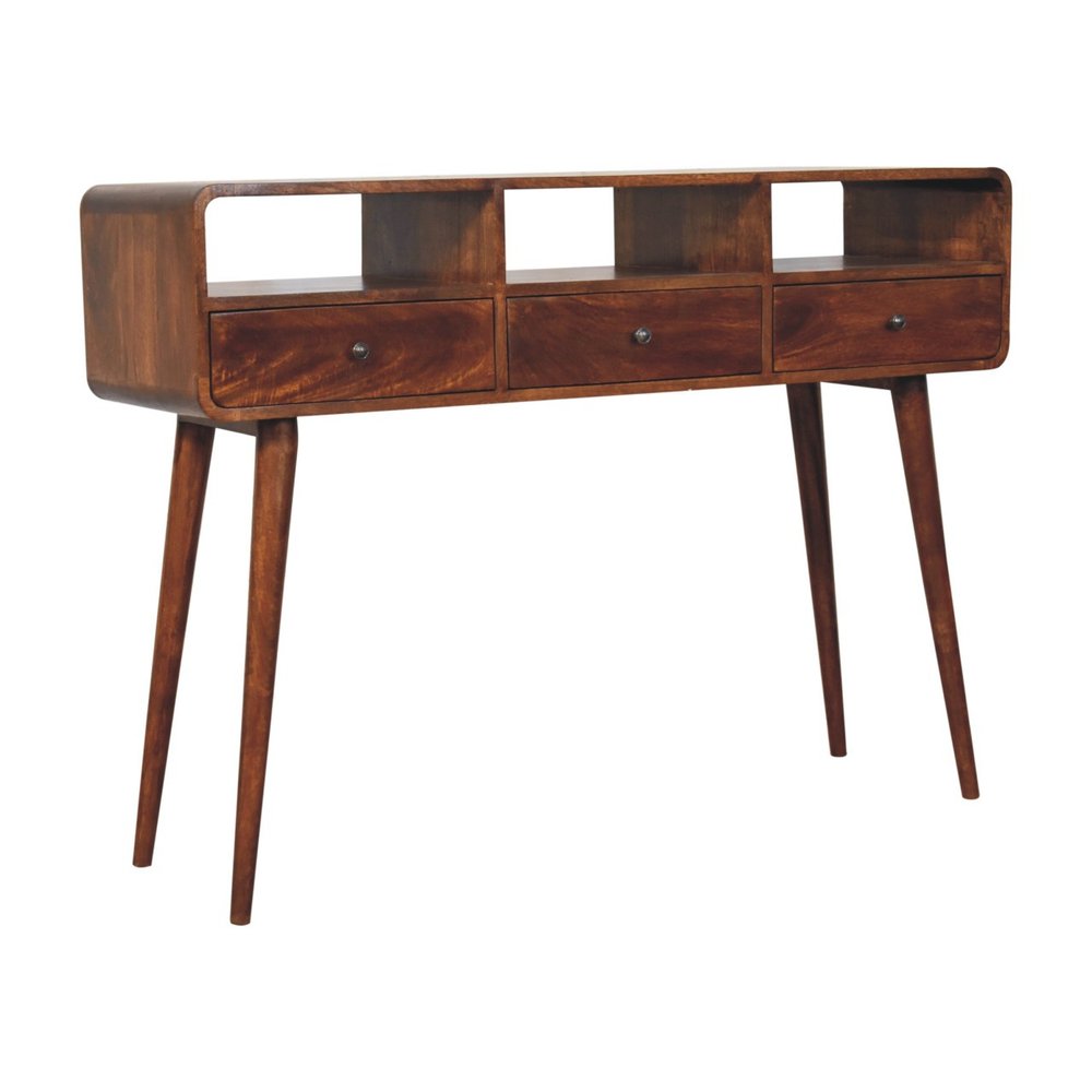 51" Chestnut Solid Wood Console Table With Three Shelves And Three Drawers — view 6