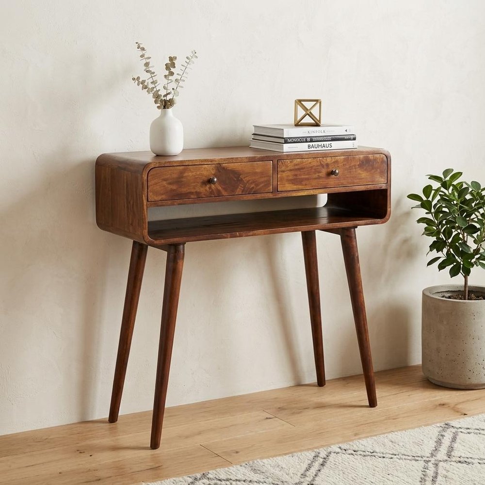 35" Chestnut Solid Wood Console Table With Shelf And Two Drawers HomeRoots