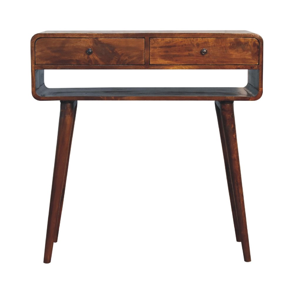 35" Chestnut Solid Wood Console Table With Shelf And Two Drawers — view 1