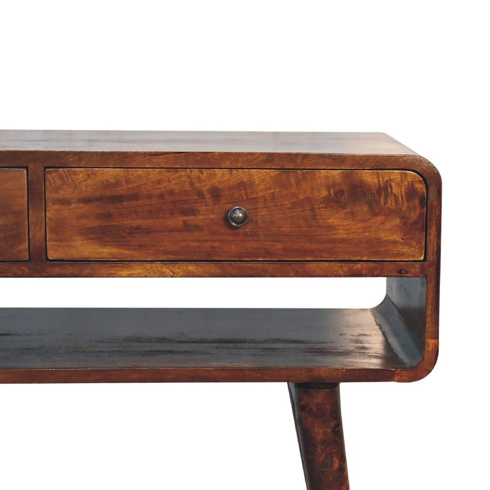 35" Chestnut Solid Wood Console Table With Shelf And Two Drawers HomeRoots