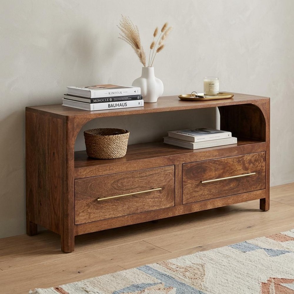 43" Brown Solid Wood Console Table With Shelf And Two Drawers — view 11
