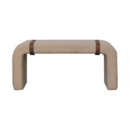 35" Beige Boucle And Solid Wood Upholstered Bench