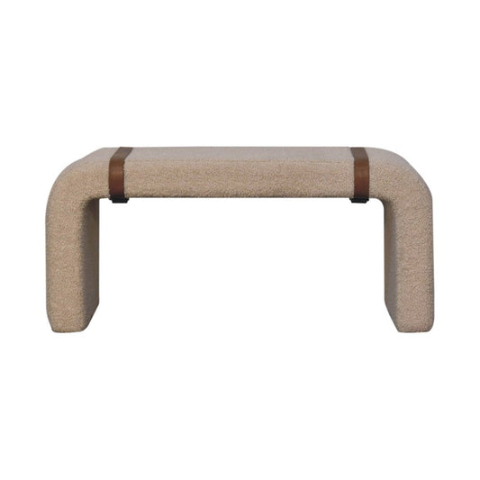 35" Beige Boucle And Solid Wood Upholstered Bench