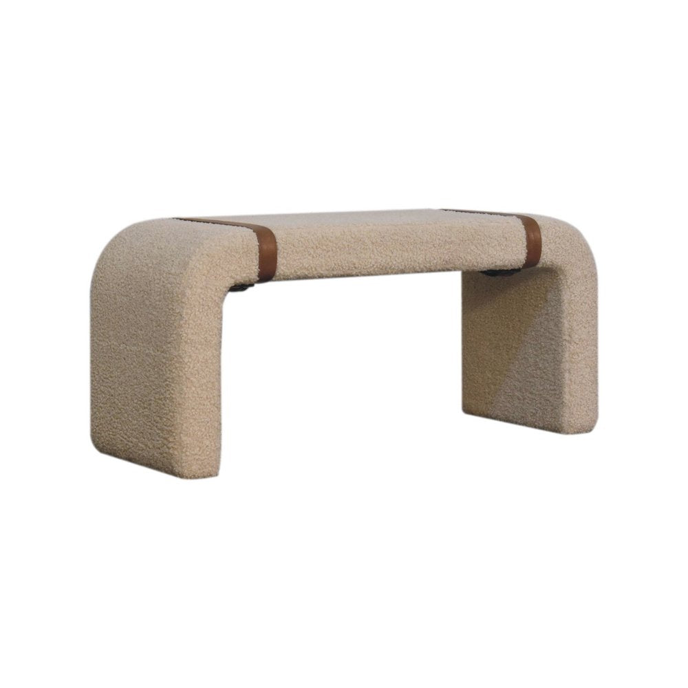 35" Beige and Brown Boucle and Leather Upholstered Bench — view 4