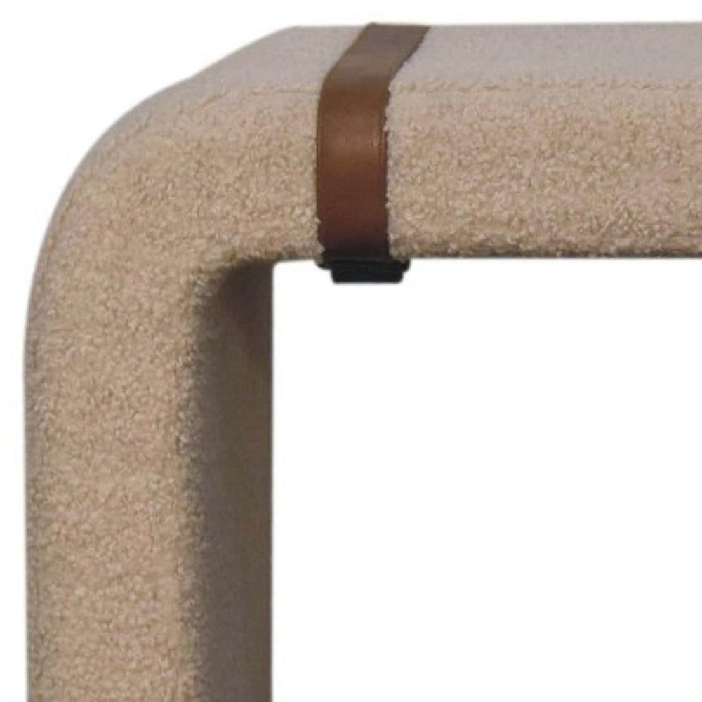 35" Beige and Brown Boucle and Leather Upholstered Bench — view 9