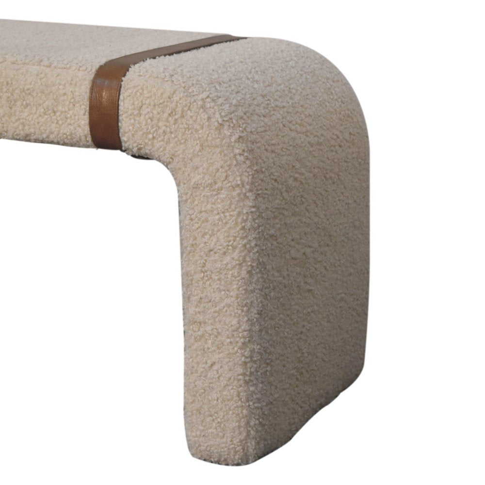 35" Beige and Brown Boucle and Leather Upholstered Bench — view 11