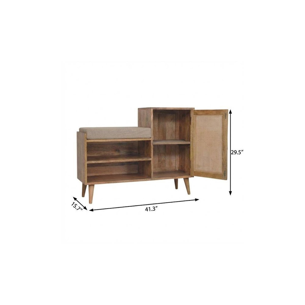 41" Beige And Oak Boucle And Solid Wood Upholstered Storage Bench With Cabinet And Shelves HomeRoots