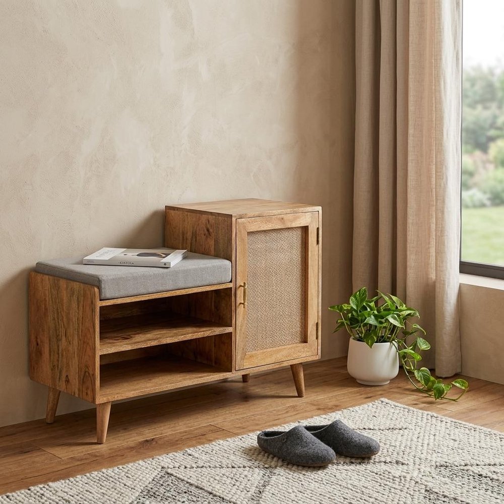 41" Beige And Oak Boucle And Solid Wood Upholstered Storage Bench With Cabinet And Shelves HomeRoots