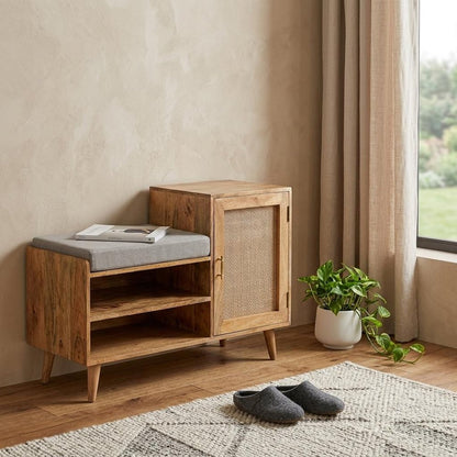 41" Beige And Oak Boucle And Solid Wood Upholstered Storage Bench With Cabinet And Shelves HomeRoots