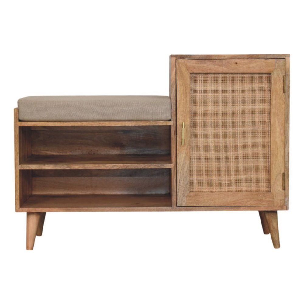 41" Beige And Oak Boucle And Solid Wood Upholstered Storage Bench With Cabinet And Shelves — view 1