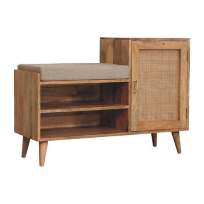 41" Beige And Oak Boucle And Solid Wood Upholstered Storage Bench With Cabinet And Shelves HomeRoots