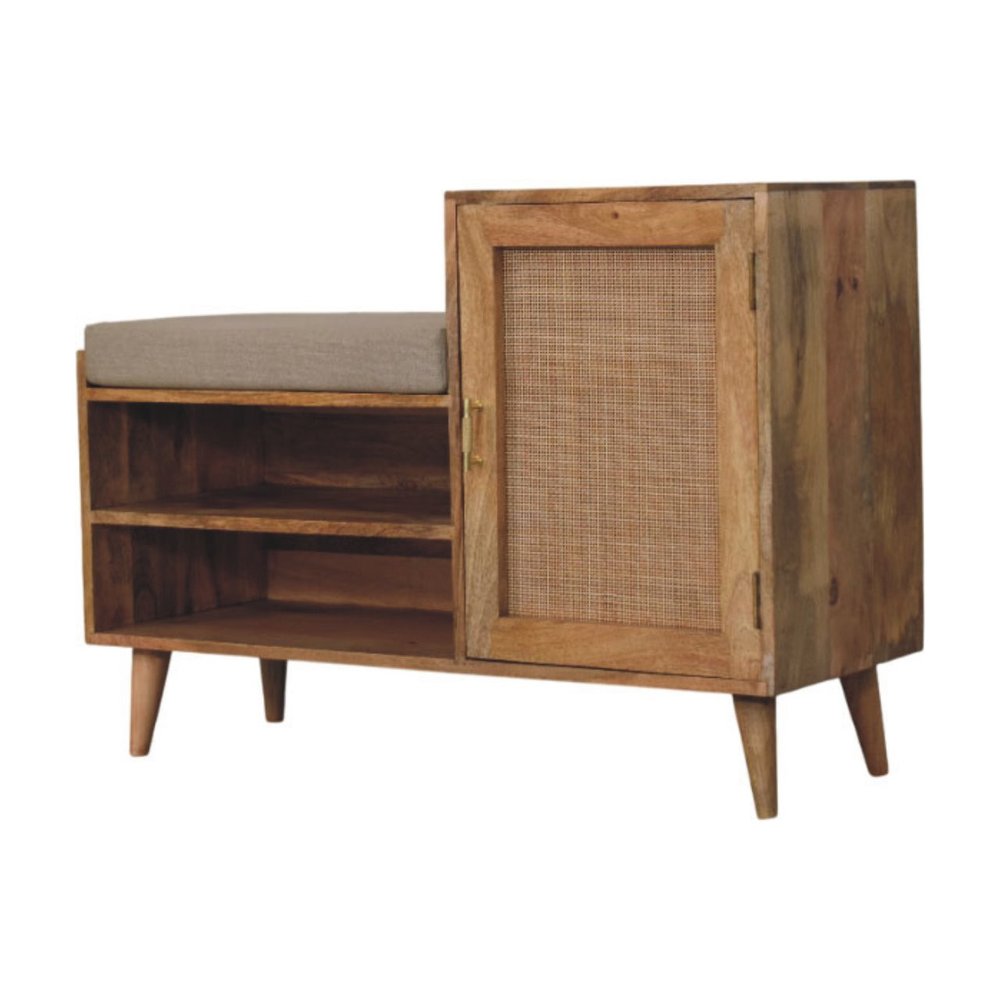 41" Beige And Oak Boucle And Solid Wood Upholstered Storage Bench With Cabinet And Shelves — view 3
