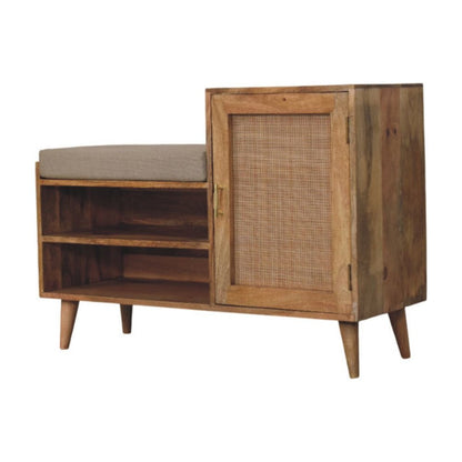 41" Beige And Oak Boucle And Solid Wood Upholstered Storage Bench With Cabinet And Shelves HomeRoots