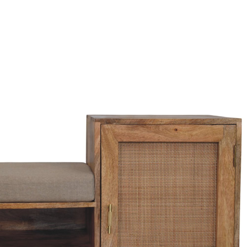 41" Beige And Oak Boucle And Solid Wood Upholstered Storage Bench With Cabinet And Shelves HomeRoots