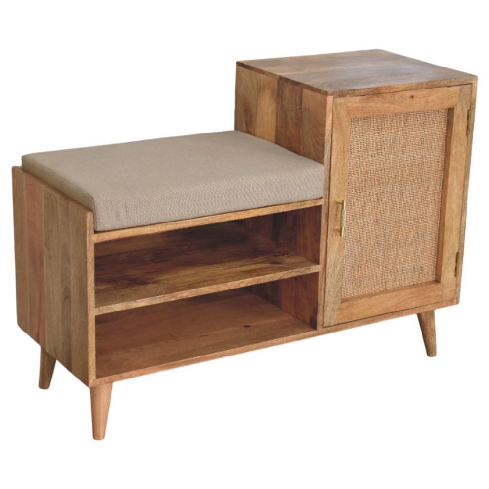 41" Beige And Oak Boucle And Solid Wood Upholstered Storage Bench With Cabinet And Shelves — view 5
