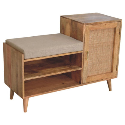41" Beige And Oak Boucle And Solid Wood Upholstered Storage Bench With Cabinet And Shelves HomeRoots