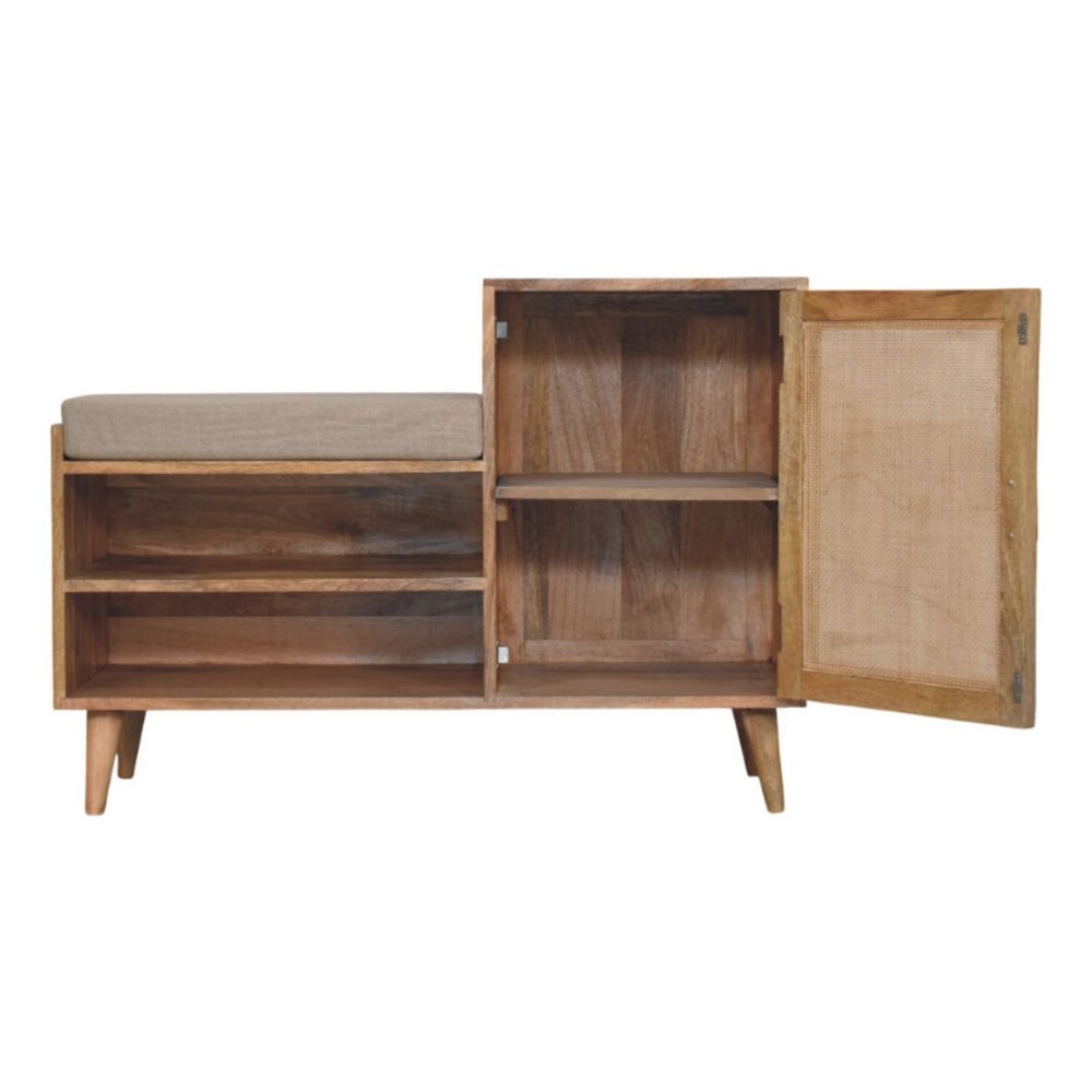 41" Beige And Oak Boucle And Solid Wood Upholstered Storage Bench With Cabinet And Shelves — view 7