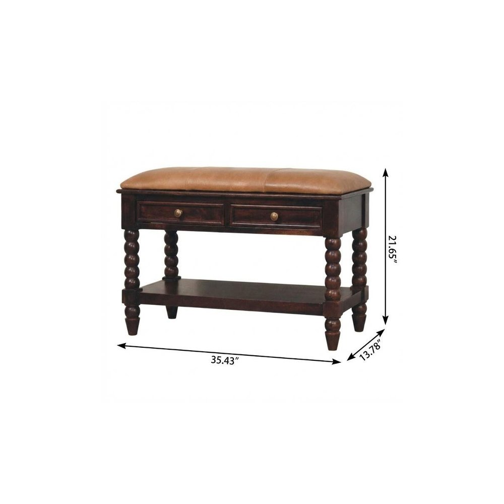 35" Tan And Dark Brown Genuine Leather And Solid Wood Upholstered Storage Bench With Drawers And Shelves — view 10