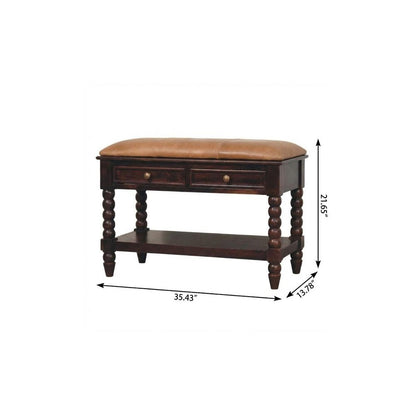 35" Tan And Dark Brown Genuine Leather And Solid Wood Upholstered Storage Bench With Drawers And Shelves HomeRoots