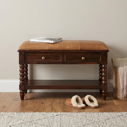 35" Tan And Dark Brown Genuine Leather And Solid Wood Upholstered Storage Bench With Drawers And Shelves HomeRoots