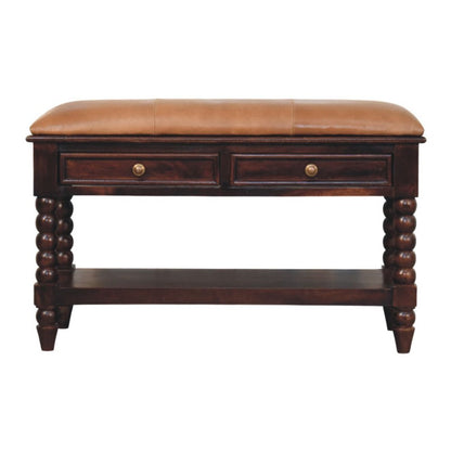 35" Tan And Dark Brown Genuine Leather And Solid Wood Upholstered Storage Bench With Drawers And Shelves HomeRoots