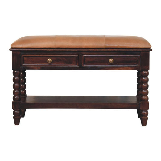 35" Tan And Dark Brown Genuine Leather And Solid Wood Upholstered Storage Bench With Drawers And Shelves HomeRoots