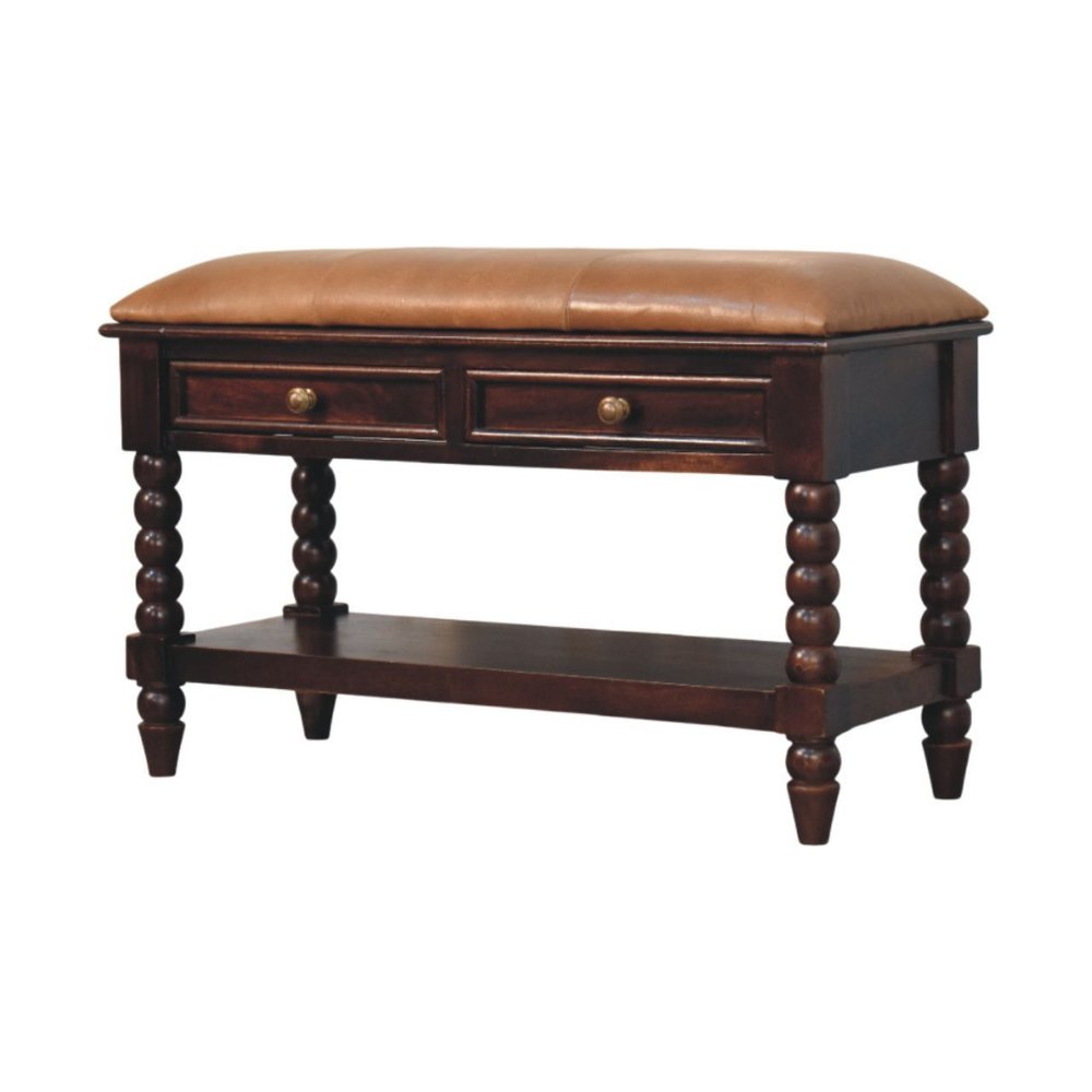35" Tan And Dark Brown Genuine Leather And Solid Wood Upholstered Storage Bench With Drawers And Shelves — view 2