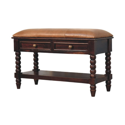 35" Tan And Dark Brown Genuine Leather And Solid Wood Upholstered Storage Bench With Drawers And Shelves HomeRoots