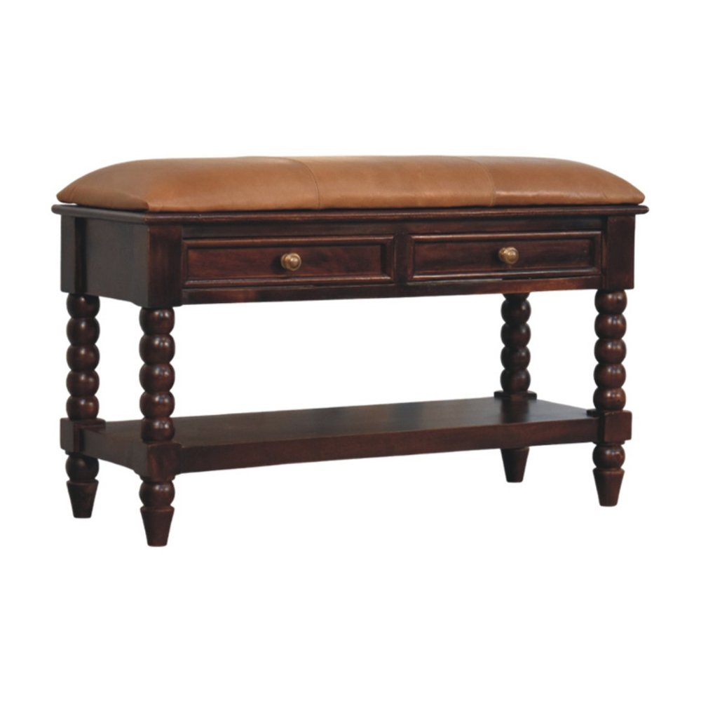 35" Tan And Dark Brown Genuine Leather And Solid Wood Upholstered Storage Bench With Drawers And Shelves — view 3