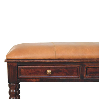 35" Tan And Dark Brown Genuine Leather And Solid Wood Upholstered Storage Bench With Drawers And Shelves HomeRoots