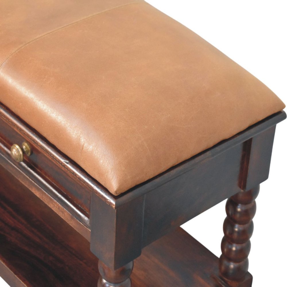 35" Tan And Dark Brown Genuine Leather And Solid Wood Upholstered Storage Bench With Drawers And Shelves HomeRoots
