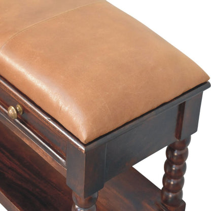 35" Tan And Dark Brown Genuine Leather And Solid Wood Upholstered Storage Bench With Drawers And Shelves HomeRoots