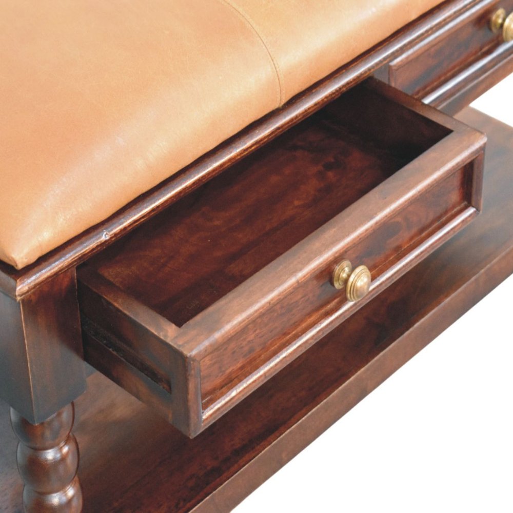 35" Tan And Dark Brown Genuine Leather And Solid Wood Upholstered Storage Bench With Drawers And Shelves — view 6