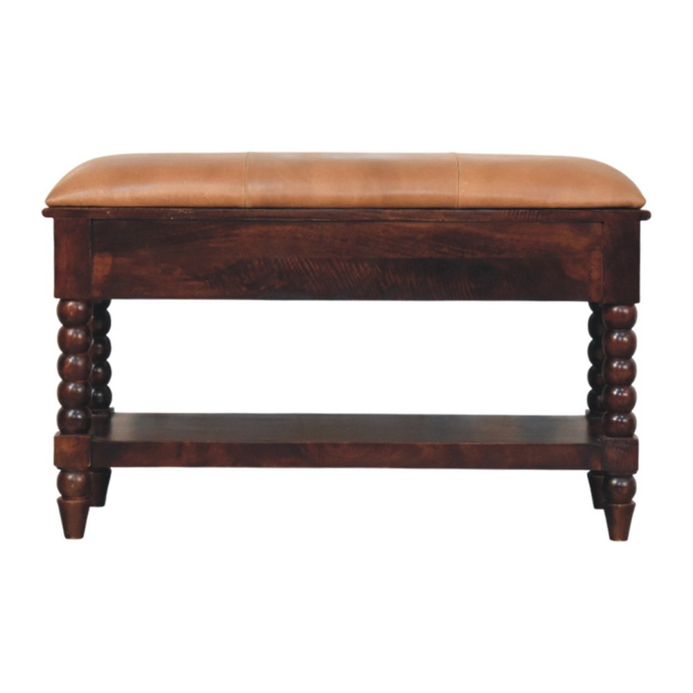 35" Tan And Dark Brown Genuine Leather And Solid Wood Upholstered Storage Bench With Drawers And Shelves — view 9