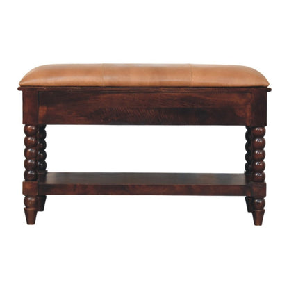 35" Tan And Dark Brown Genuine Leather And Solid Wood Upholstered Storage Bench With Drawers And Shelves HomeRoots
