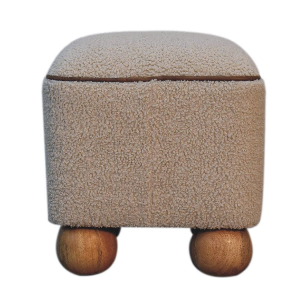 15" Beige And Brown Boucle And Genuine Leather Footstool HomeRoots