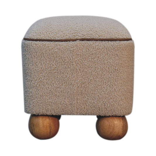 15" Beige And Brown Boucle And Genuine Leather Footstool